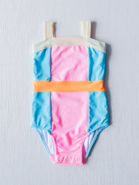 NO.21 (Custom Design Preorder MOQ 5)  Pink Blue Print Girls 1 Piece Swimsuits