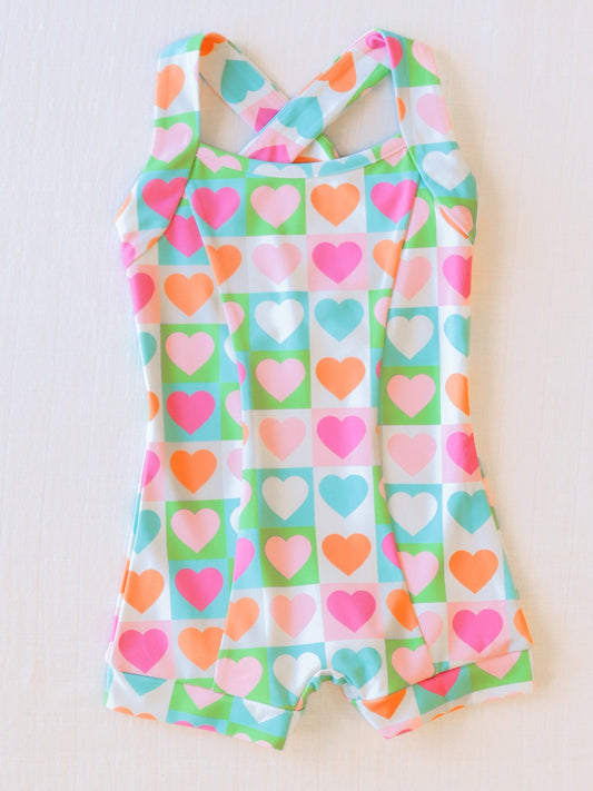 NO.22 (Custom Design Preorder MOQ 5)  Colorful Hearts Plaid Print Girls 1 Piece Swimsuits