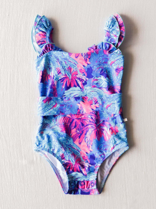 NO.28 (Custom Design Preorder MOQ 5)  Purple Coconut Tree Print Girls 1 Piece Swimsuits