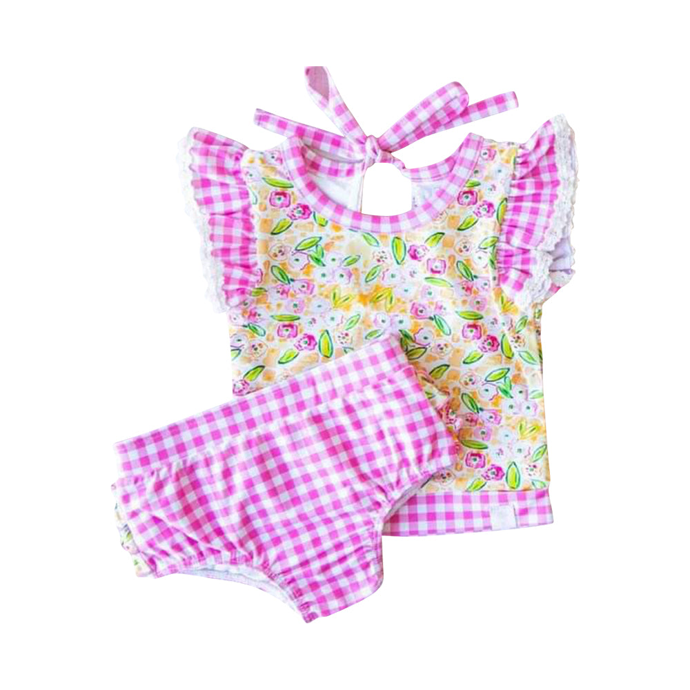 NO.29 (Custom Design Preorder MOQ 5)  Hot Pink Flowers Print Girls 2 Pieces Swimsuits