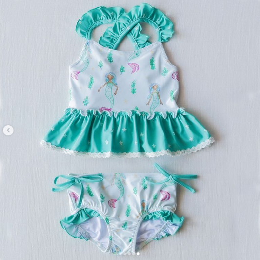 NO.2 (Custom Design Preorder MOQ 5)  Mermaid Print Girls 2 Pieces Swimsuits