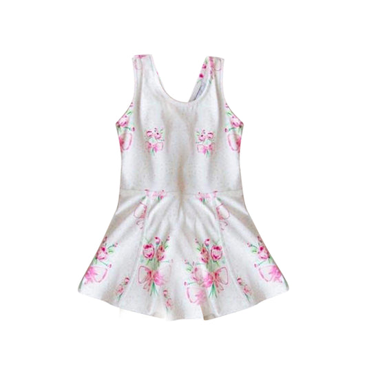 NO.33 (Custom Design Preorder MOQ 5)  White Pink Flowers Print Girls 1 Piece Swimsuits