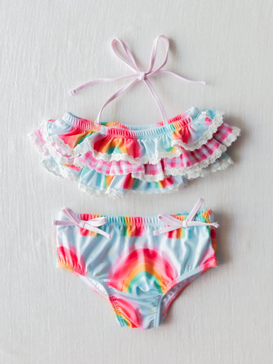 NO.38 (Custom Design Preorder MOQ 5)  Rainbow Print Girls 2 Pieces Ruffles Swimsuits