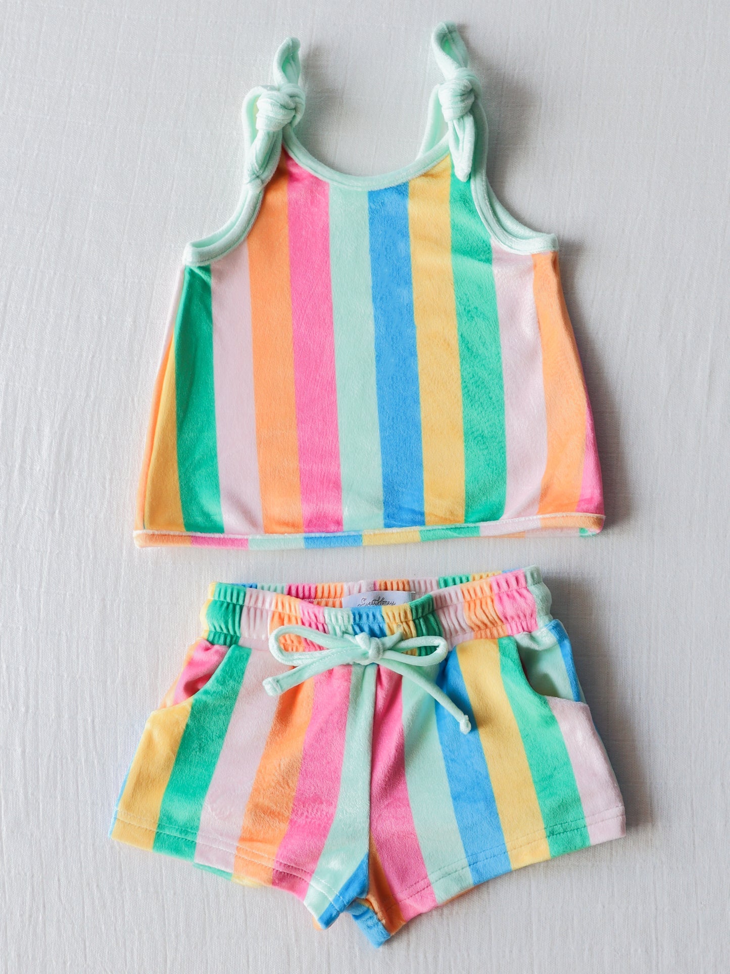 NO.4 (Custom Design Preorder MOQ 5)  Colorful Stripes Print Girls Summer Clothes Set