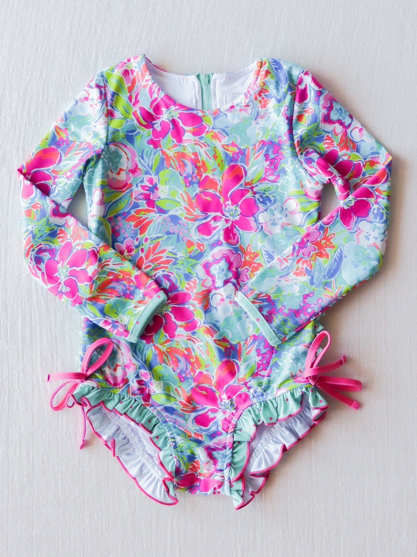 NO.5 (Custom Design Preorder MOQ 5)  Colorful Flowers Print Girls 1 Piece Long Sleeve Swimsuits