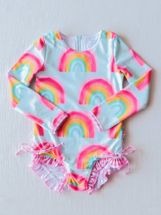 NO.7 (Custom Design Preorder MOQ 5)  Rainbow Print Girls 1 Piece Long Sleeve Swimsuits