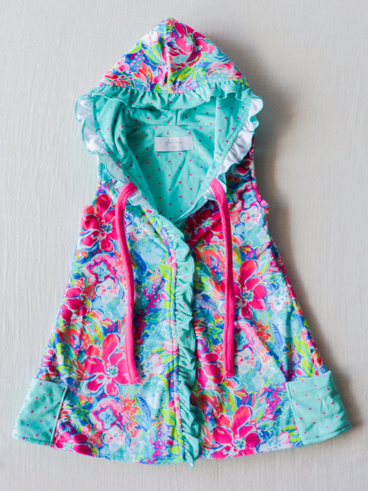 NO.7 (Custom Design Preorder MOQ 5)  Colorful Flowers Print Girls Hooded Swimming Coverup