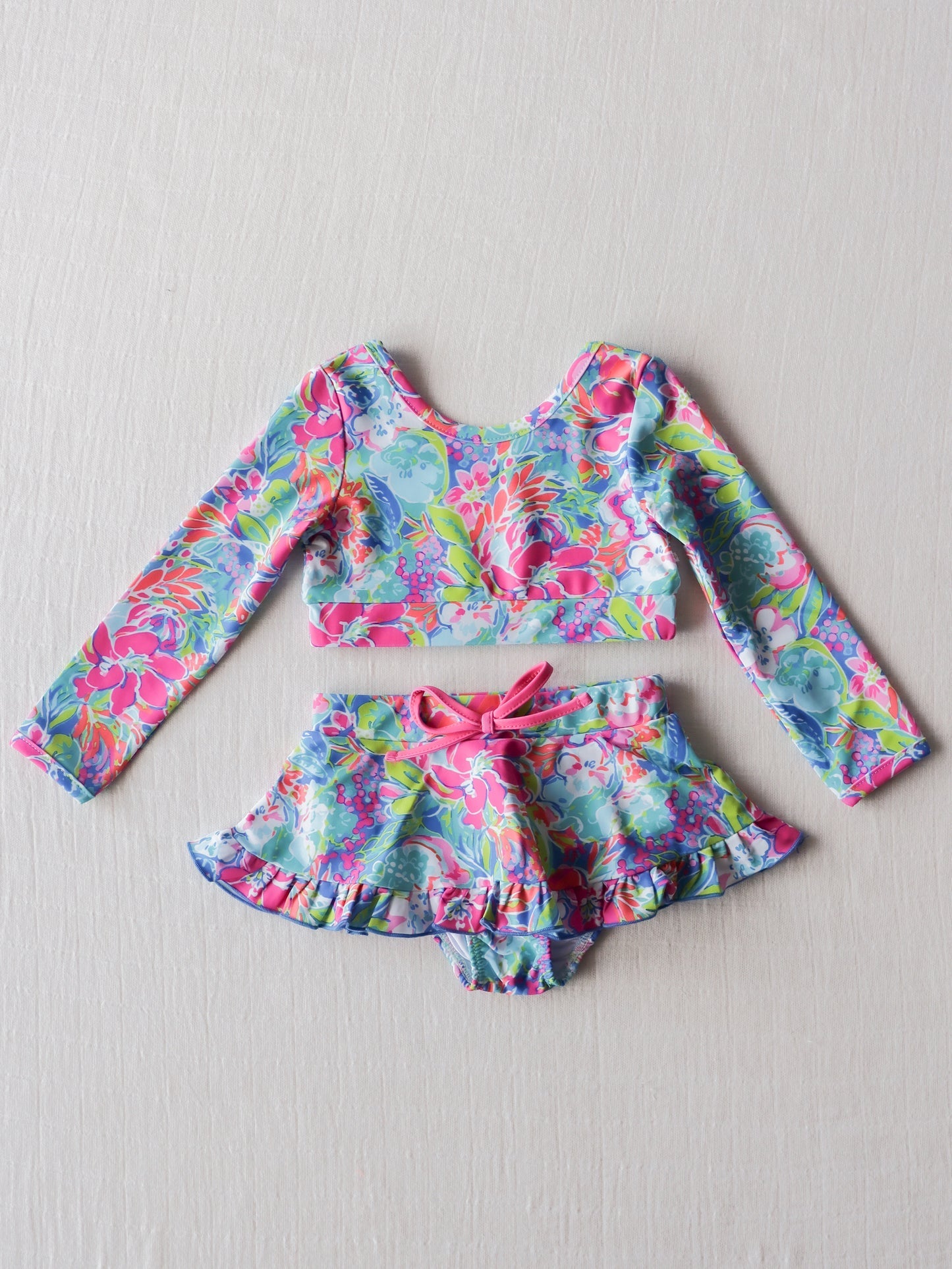 NO.9 (Custom Design Preorder MOQ 5)  Colorful Flowers Print Girls 2 Pieces Long Sleeve Swimsuits