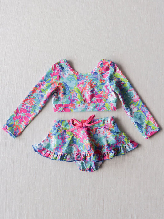 NO.9 (Custom Design Preorder MOQ 5)  Colorful Flowers Print Girls 2 Pieces Long Sleeve Swimsuits