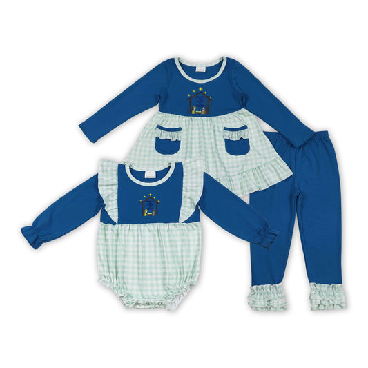 Nativity Embroidery Plaid Print Girls Christmas Clothes Sisters Matching Wear