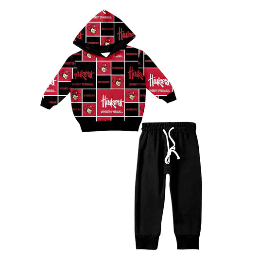 (Custom Design Preorder MOQ 5) Team's Nebraska Cornhuskers Hoodie Top Black Pants Boys Fall Clothes Set