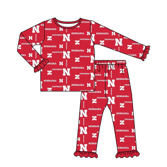 (Custom Design Preorder MOQ 5) Team's Nebraska Cornhuskers Print Girls Fall Pajamas Clothes Set