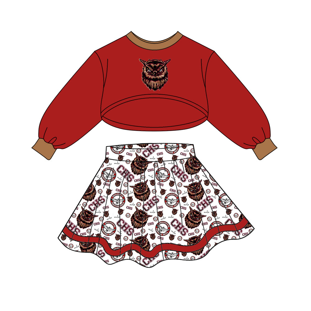 (Custom Design Preorder MOQ 5) Team's CHALMETTE OWLS Long Sleeve Top Skirts Girls Clothes Set