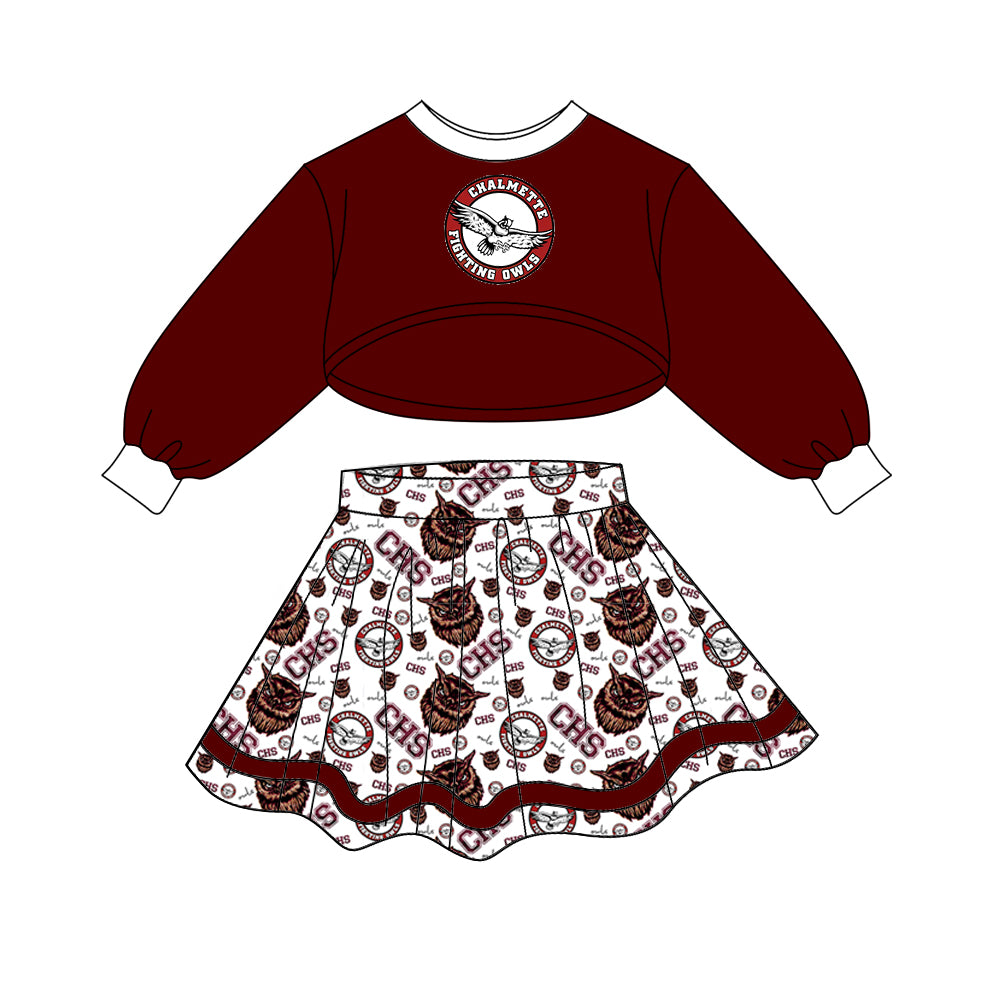 (Custom Design Preorder MOQ 5) Team's Chalmette OWLS Long Sleeve Top Skirts Girls Clothes Set