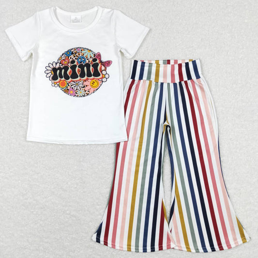 GSPO1114 Mini Flowers Print Top Stripes Pants Girls Clothes Set