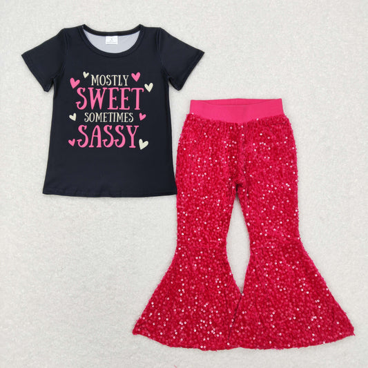 GSPO1235 Sweet Sassy Top Hot Pink Sequin Bell Pants Girls Valentine's Clothes Sets
