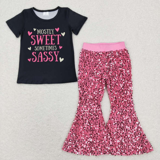 GSPO1178 Sweet Sassy Top Pink Sequin Bell Pants Girls Valentine's Clothes Sets