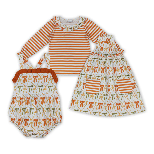 Orange Bows Print Girls Fall Clothes Sisters Matching Wear