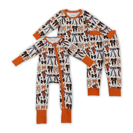 Orange Bows Print Girls Halloween Pajamas Matching Clothes