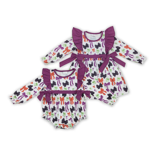 Orange Purple Bows Print Girls Halloween Clothes Sisters Matching Wear