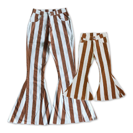 Mommy and Me Matching Jeans-Brown Stripes Denim Bell Bottom Pants