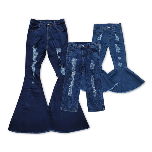 Mommy and Me Matching Jeans- Navy Denim Hole Bell Bottom Pants