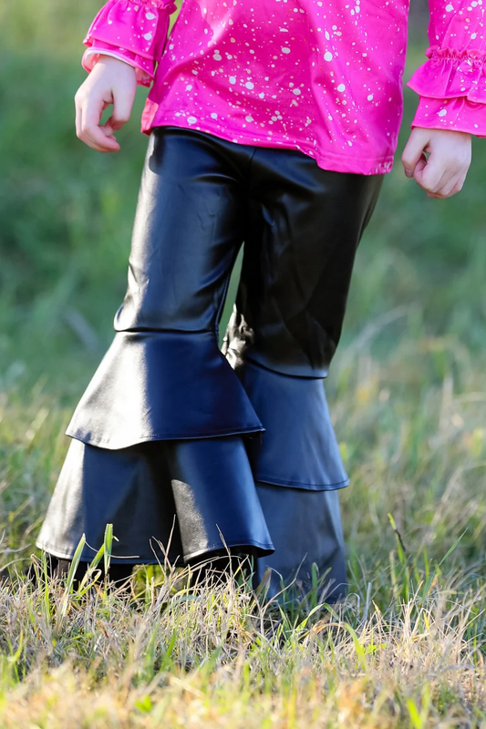 Girls leather ruffle bell pants    P0034