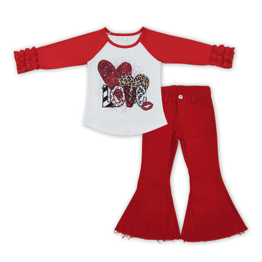 P0083+GT0072 Hearts LOVE Top Red Denim Bell Jeans Girls Valentine's Clothes Set