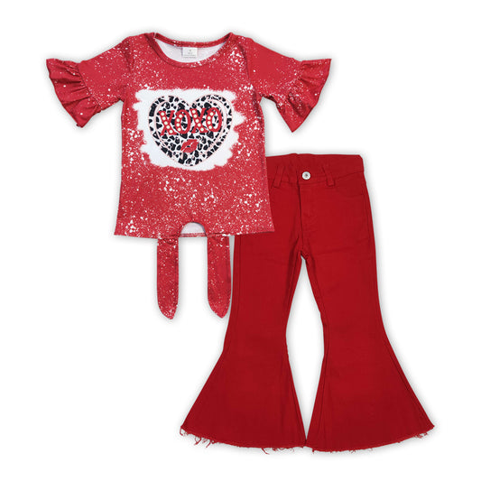 P0083+GT0127 XOXO Heart Leopard Top Red Denim Bell Jeans Girls Valentine's Clothes Set