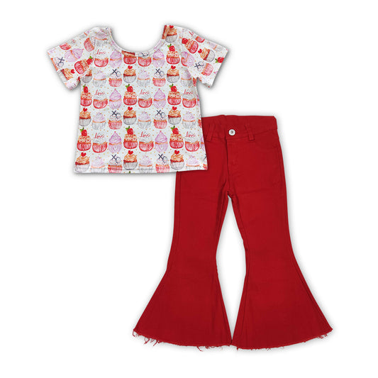 P0083+GT0204 XOXO Hearts Cake Top Red Denim Bell Jeans Girls Valentine's Clothes Set