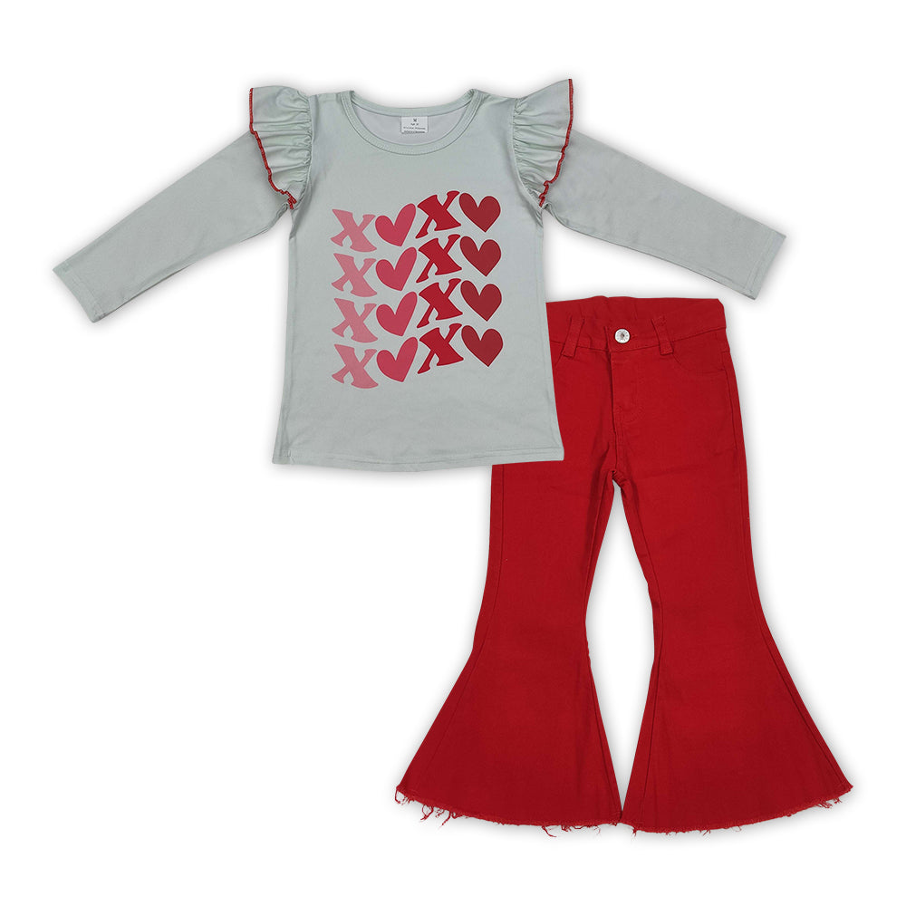 P0083+GT0441 XOXO Hearts Top Red Denim Bell Jeans Girls Valentine's Clothes Set