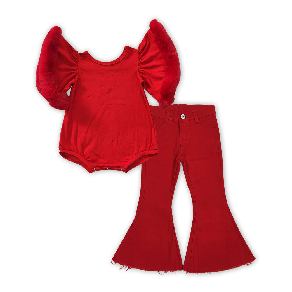 P0083+SR0412 Red Fur Sleeve Romper Denim Bell Jeans Girls Valentine's Clothes Set