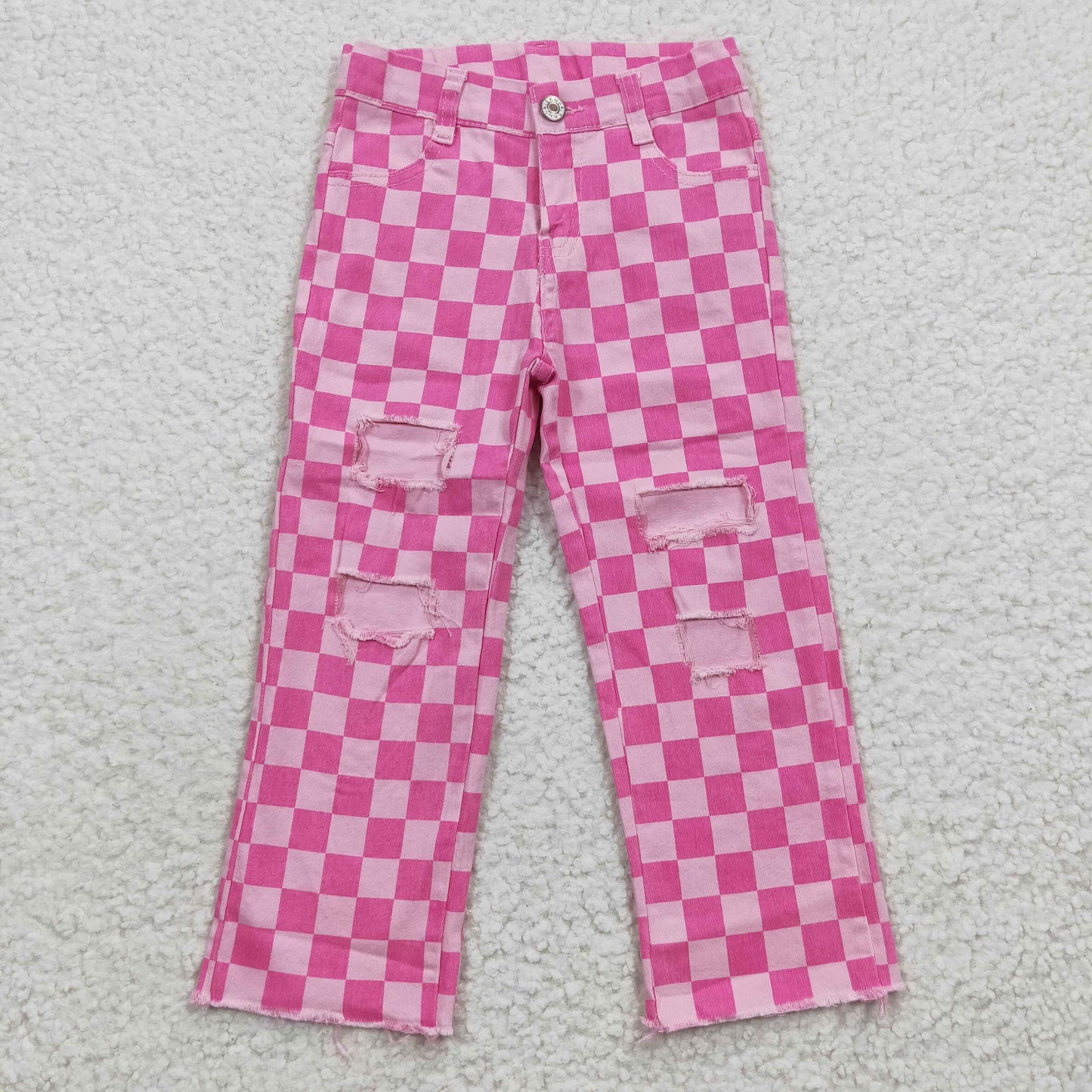 P0096  Kids pink plaid hole denim baby girls jeans