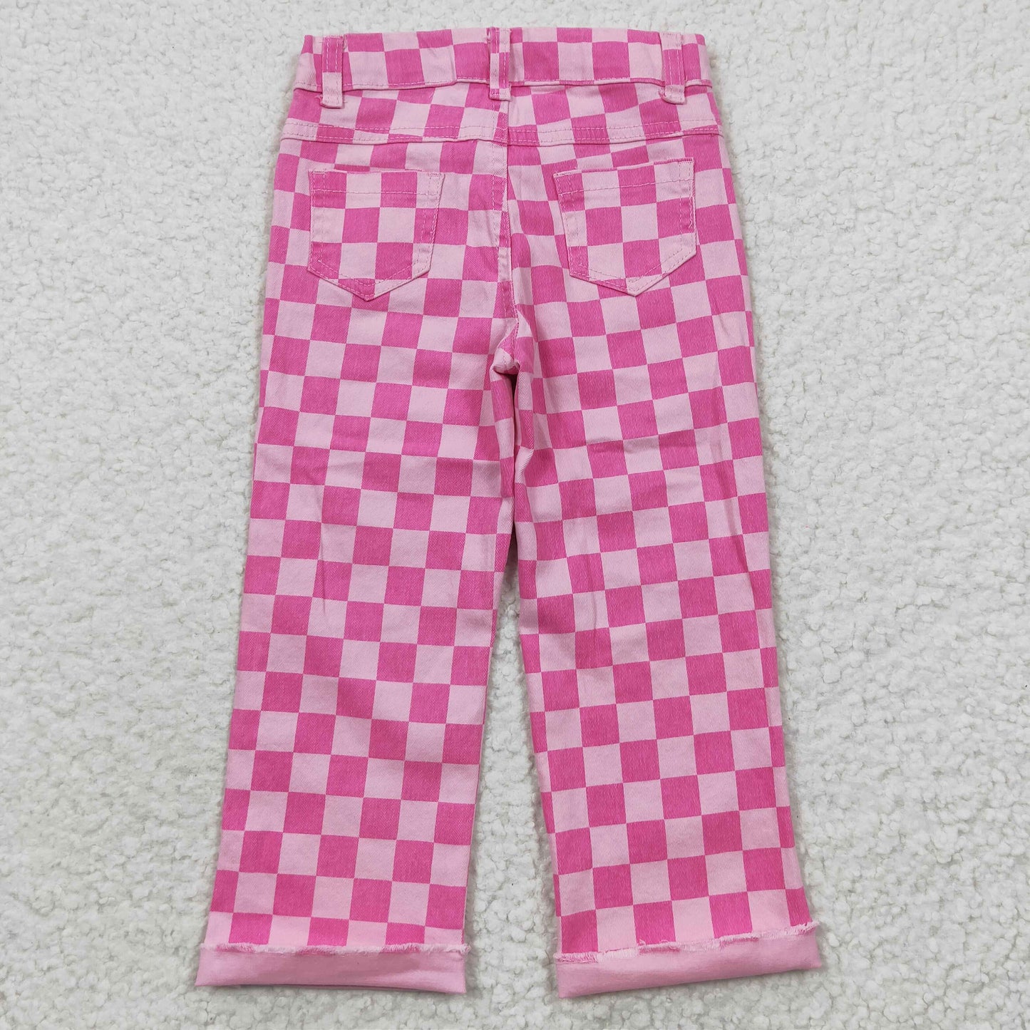 P0096  Kids pink plaid hole denim baby girls jeans