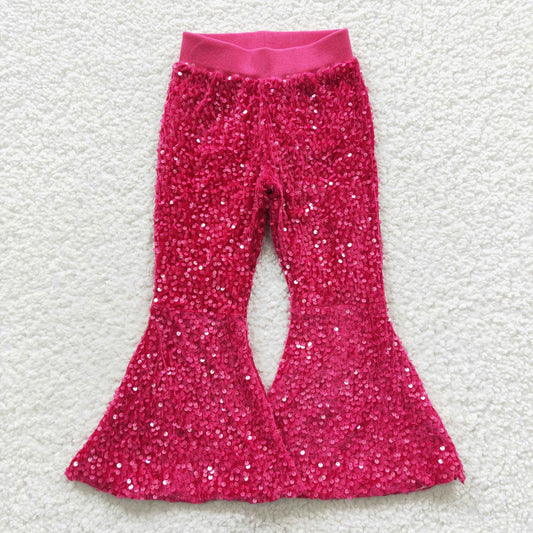 Girls hot pink sequin bell bottom pants  P0112