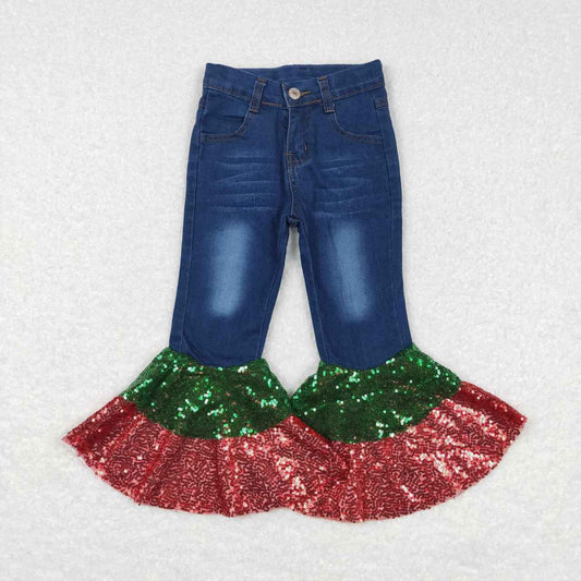 P0113 Girls Christmas Denim Sequin Bell Bottom Pants