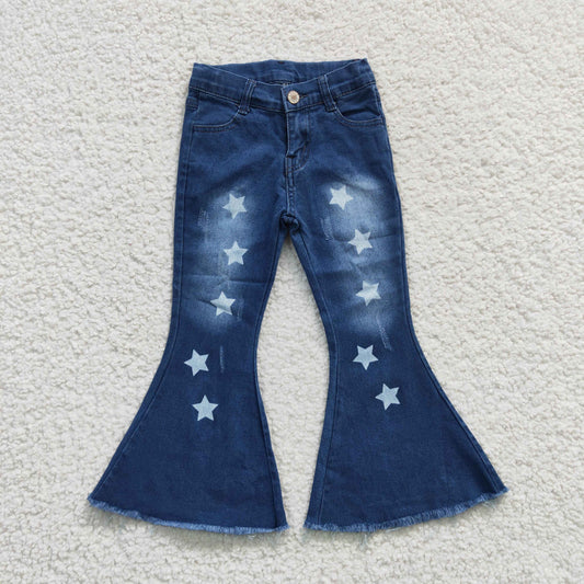 P0127  Girls Blue Star Denim Bell Bottom Jeans