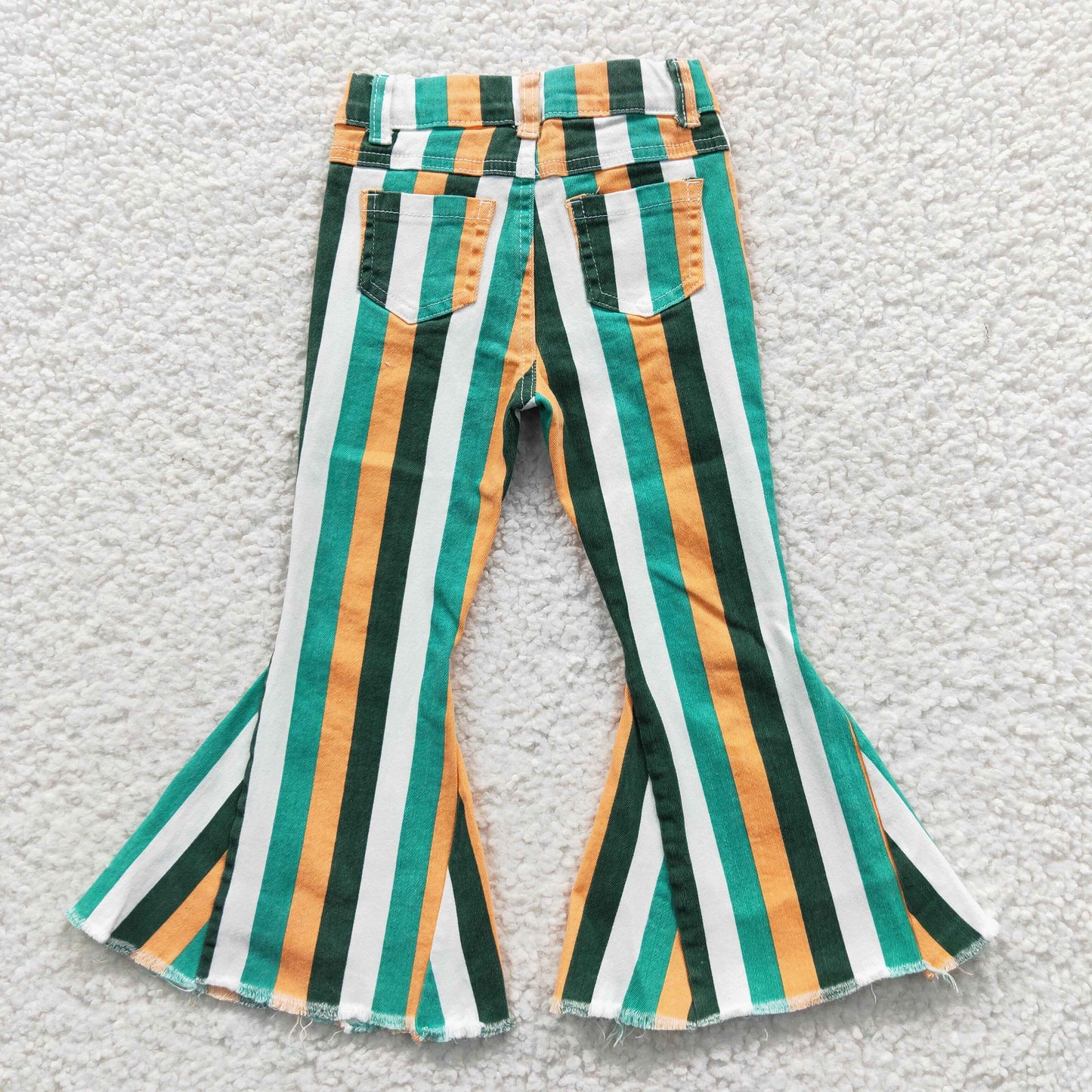 P0131  Girls green stripes denim bell bottom jeans