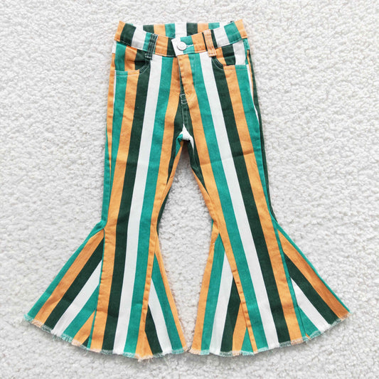 P0131  Girls green stripes denim bell bottom jeans