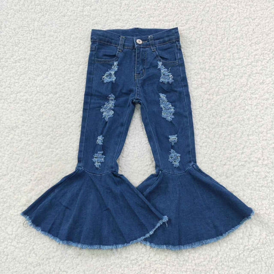 P0133 Girls blue denim hole bell bottom jeans