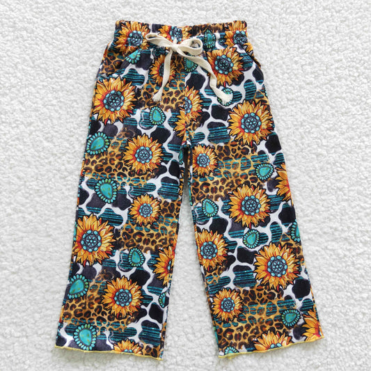 P0138 Turquoise cow sunflowers print western pants