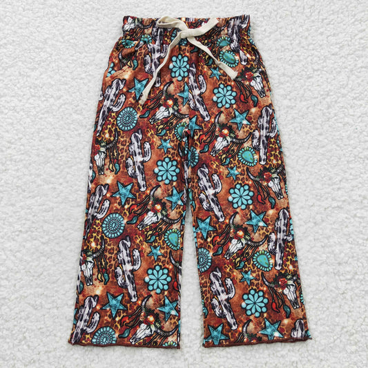 P0139 Turquoise cow skull leopard print western pants