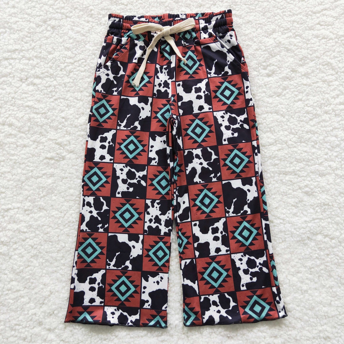 P0140  Aztec and cow gingham print western pants