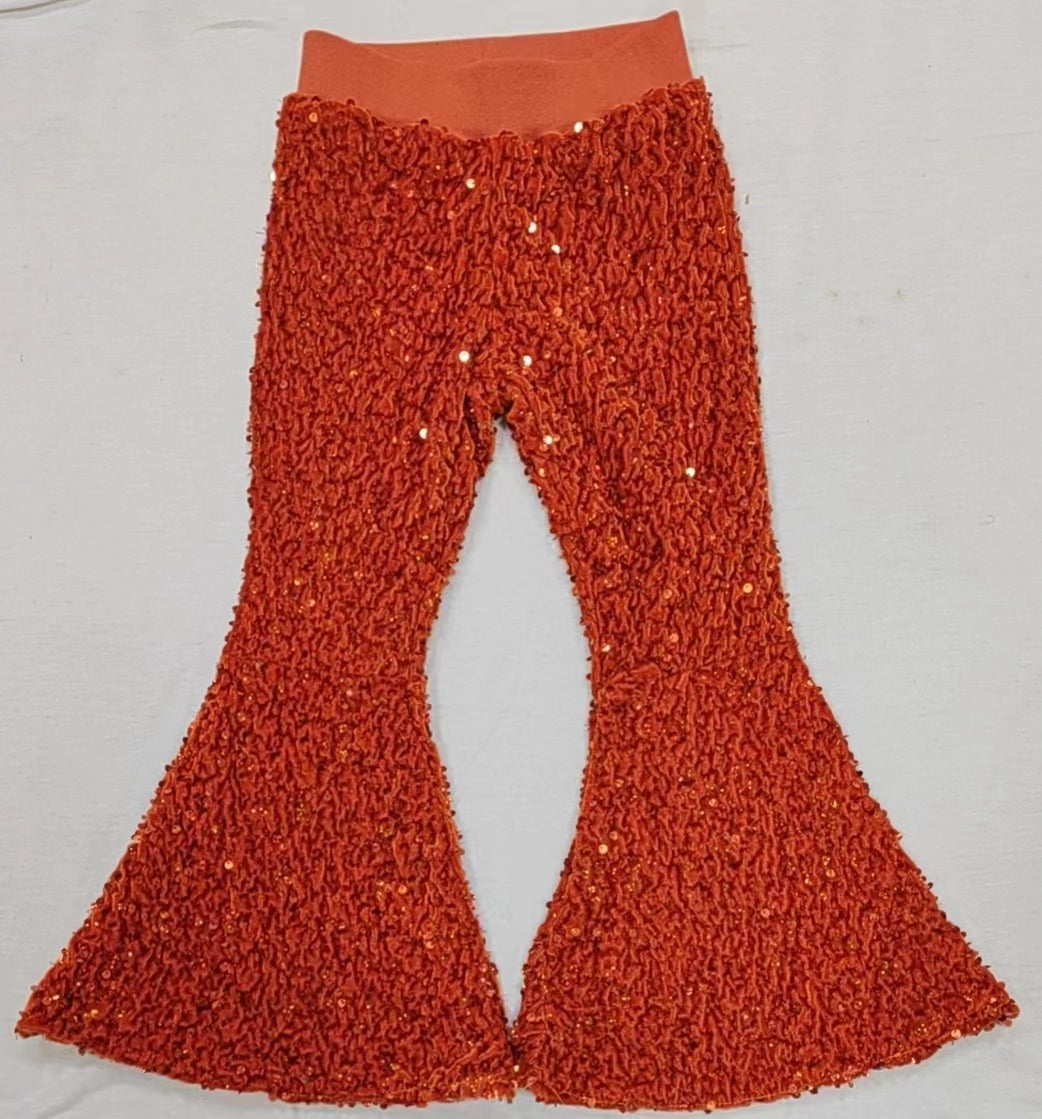 P0147  Girls dark orange sequin bell bottom pants