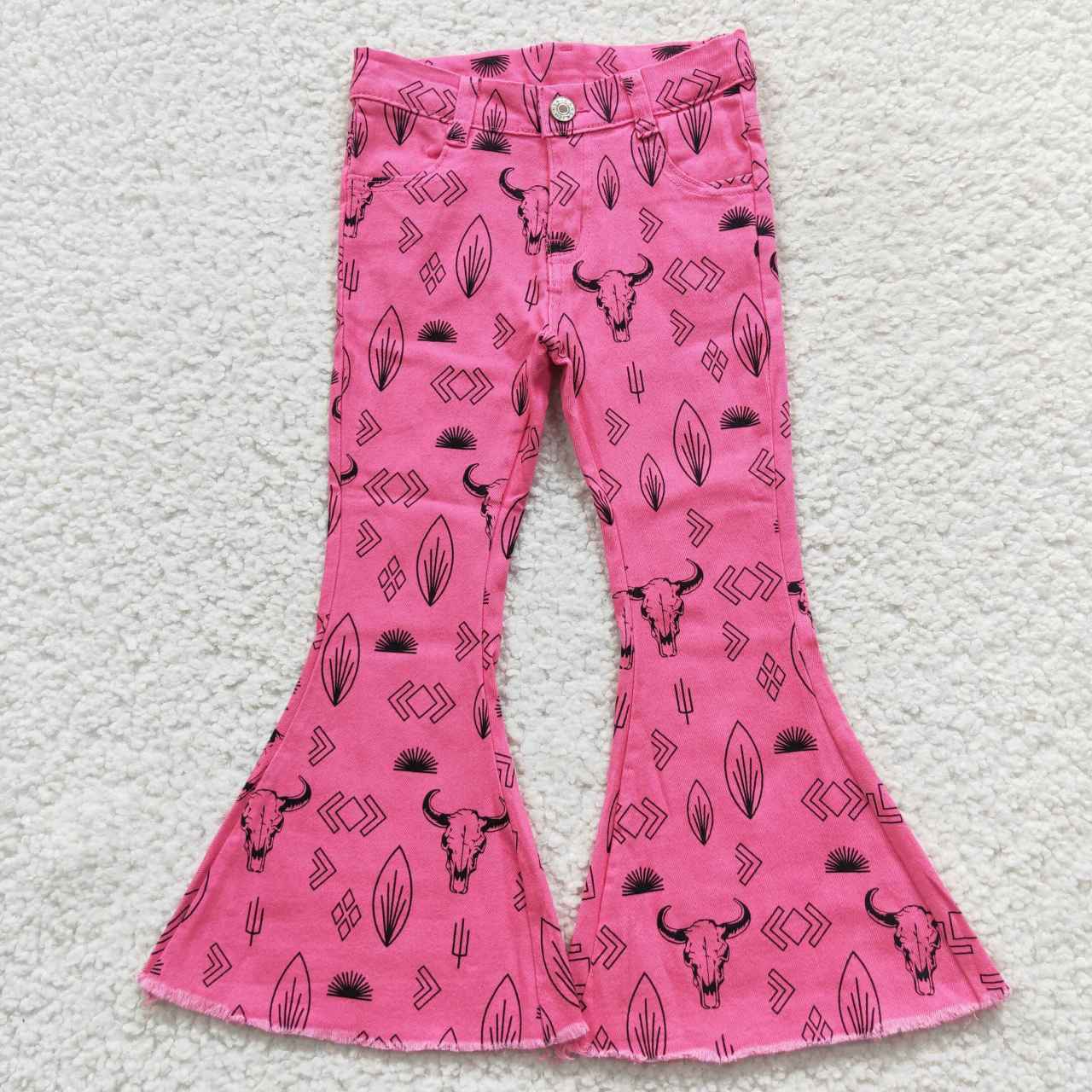 GT0134+P0159 Cow Skull Top Hot Pink Denim Bell Jeans Girls Clothes Set