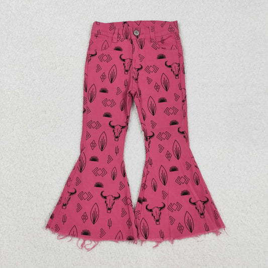 P0159   Hot Pink Cow Skull Denim Bell Bottom Jeans Girls Western Pants