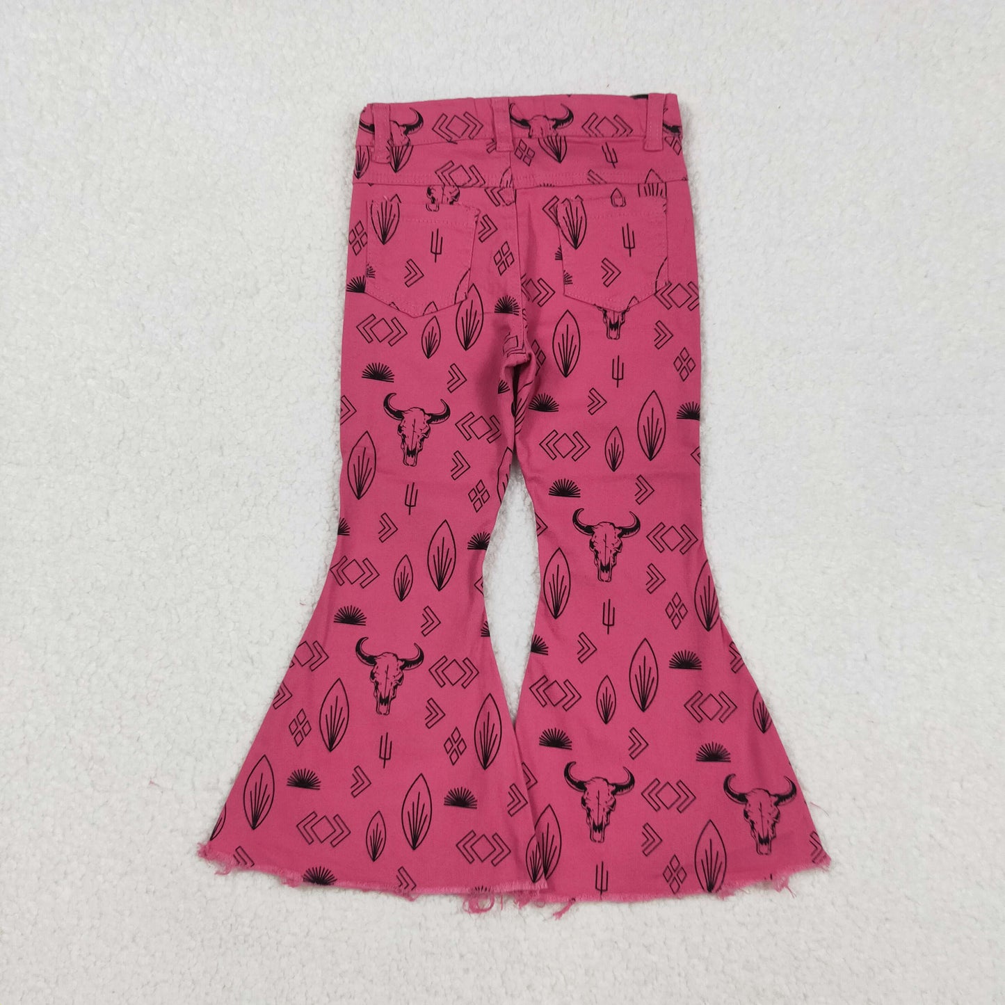 P0159   Hot Pink Cow Skull Denim Bell Bottom Jeans Girls Western Pants