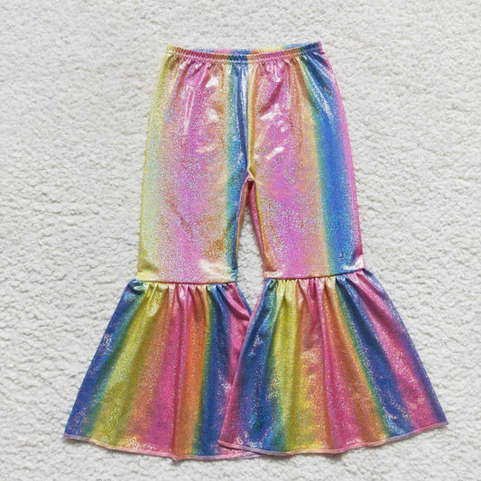 P0178 Girls rainbow holographic spandex bell bottom pants