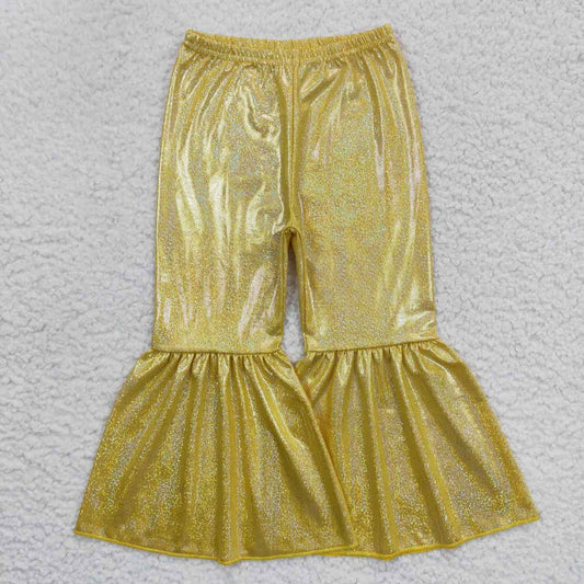P0182 Girls yellow holographic spandex bell bottom pants