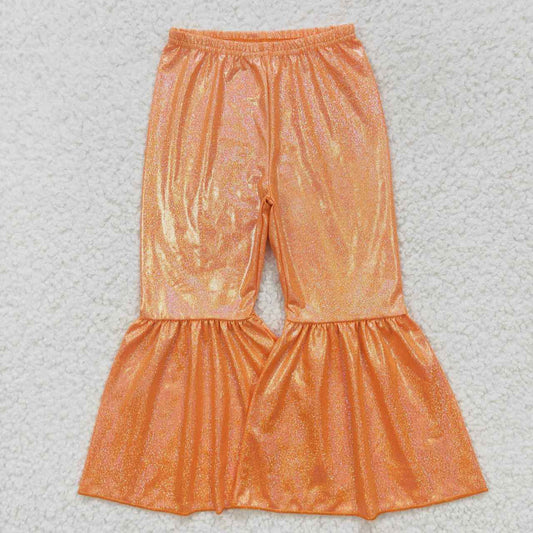 P0188 Girls orange holographic spandex bell bottom pants